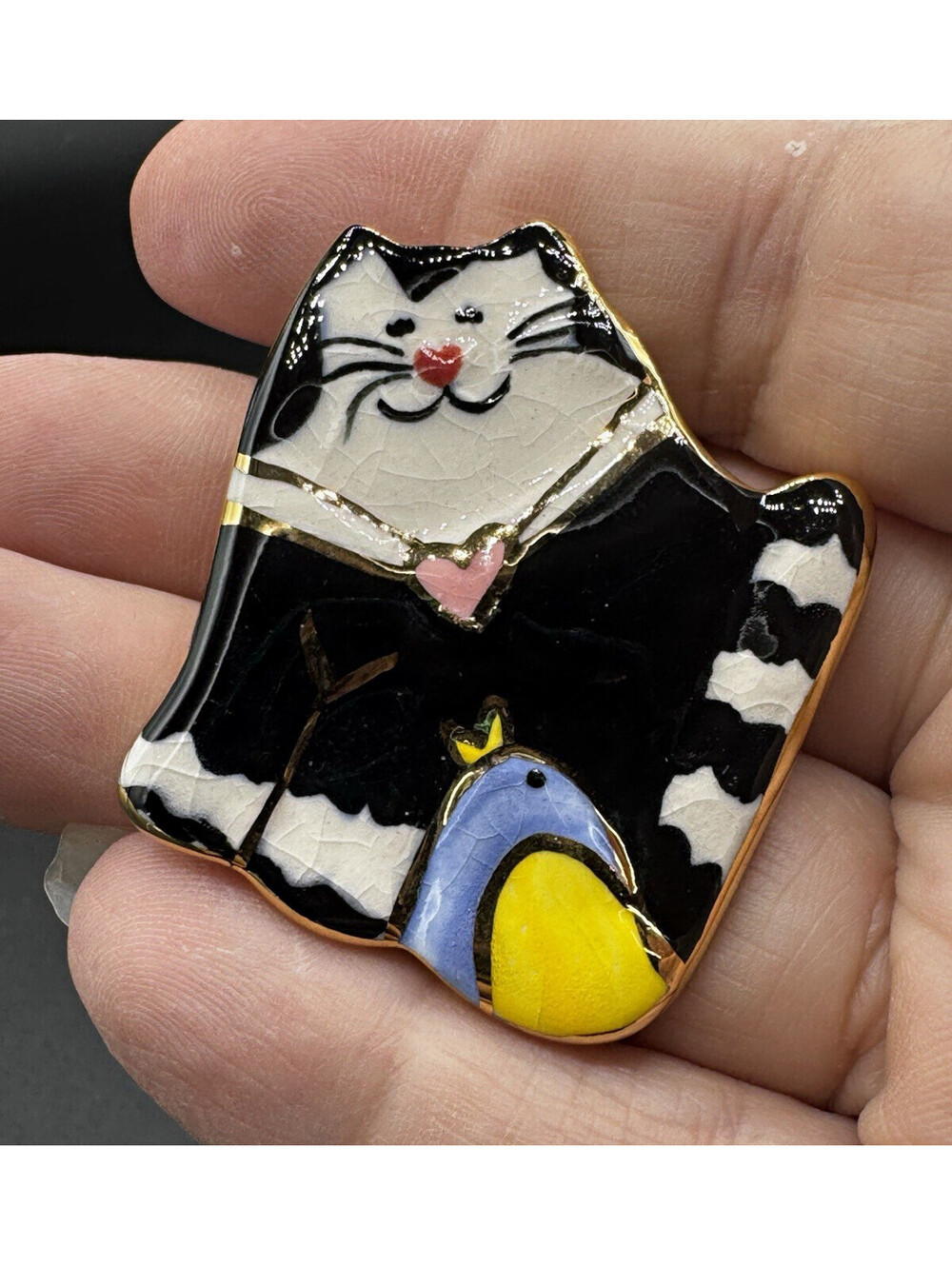 Black White Cat Bird Ceramic Brooch Pin Whimsical Gold Trim Cat Lover